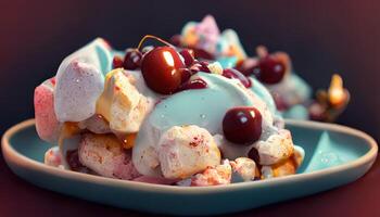 Appetizing dessert with ice cream with fruits and berries. photo