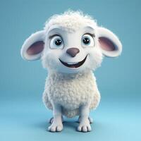 Realistic 3D rendering of a happy, fluffy and cute sheep smiling with big eyes looking straight at you. Created with photo