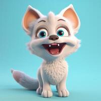 Realistic 3D rendering of a happy, fluffy and cute fox smiling with big eyes looking straight at you. Created with photo