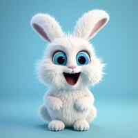 Realistic 3D rendering of a happy, fluffy and cute rabbit smiling with big eyes looking straight at you. Created with photo