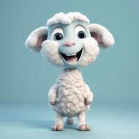 Realistic 3D rendering of a happy, fluffy and cute sheep smiling with big eyes looking straight at you. Created with photo