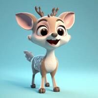 Realistic 3D rendering of a happy, fluffy and cute deer smiling with big eyes looking straight at you. Created with photo