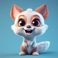 Realistic 3D rendering of a happy, fluffy and cute fox smiling with big eyes looking straight at you. Created with photo