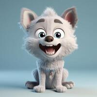 Realistic 3D rendering of a happy, fluffy and cute wolf smiling with big eyes looking straight at you. Created with photo