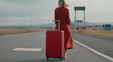 Woman walking in red coat with red suitcase in airport. View from back. . photo