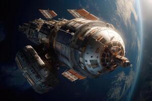 Futuristic spaceship orbiting the planet. . photo