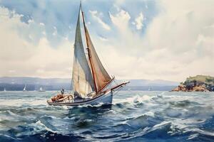 Watercolor image of a seascape with yatch in a bay. . photo