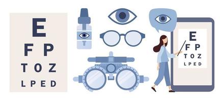 Ophthalmology icon set. Eyesight check and treatment. Trial frame for checking vision, eye drops bottle, glasses. Ophthalmologic equipment. Vector flat illustration