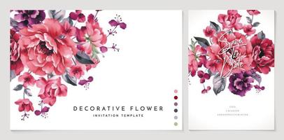 set of cards with flowers peony or rose burgundy colors isolated white backgrounds, applicable for wedding invitation, greeting cards, birthday party, packaging design, poster, banner, fabric printing vector