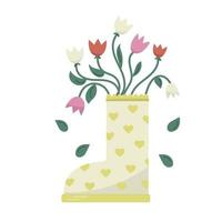 Cute tulips bouquet in yellow boots with hearts. Vector spring romantic card. Garden hand drawn design.