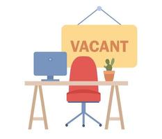 We are Hiring icon. Empty workplace, office table with computer. Vacant job position. Hiring employees, HR, candidate selection concept. Recruitment and headhunting agency. Vector flat illustration