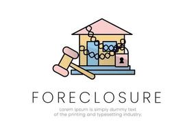 Finance. Foreclosure. House logo in chains with padlock and hammer next to it, with foreclosure lettering. Vector illustration