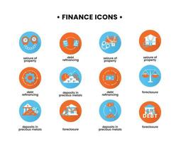 Finance. Vector illustration set of icons seizure of property, foreclosure, debt refinancing, deposits in precious metals