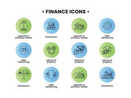 Finance. Vector illustration set of icons seizure of property, foreclosure, debt refinancing, deposits in precious metals