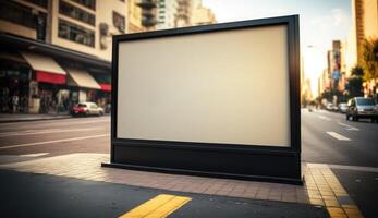 blanco cartelera Bosquejo para publicidad en el ciudad, puesta de sol ver foto