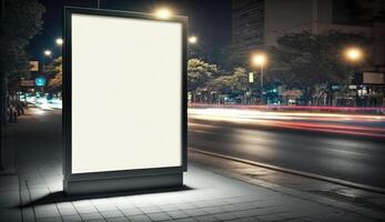 blanco cartelera Bosquejo para publicidad en el ciudad, noche vista, bokeh efecto foto