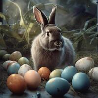 Adorable Gray Bunny With Easter Eggs photo