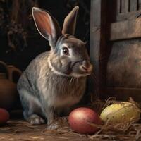 Gray Easter Bunny with colorful eggs photo