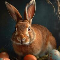 Red Easter Bunny with colorful eggs photo
