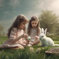 Children playing with Easter Bunny an meadow photo