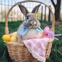 Gray Easter Bunny with colorful eggs photo