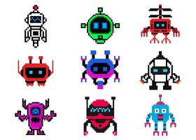 set pixel art robot design for game assets vector