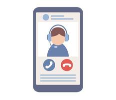 Call center icon. Customer service, Online support concept. Hotline operator in headset consults client in smartphone. Vector flat illustration