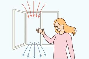 Woman points to open window recommending regular airing of apartment for air recirculation. Girl enjoys fresh air after airing house resulting in absence of carbon dioxide in room and good health vector