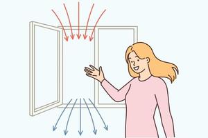 Woman points to open window recommending regular airing of apartment for air recirculation. Girl enjoys fresh air after airing house resulting in absence of carbon dioxide in room and good health vector