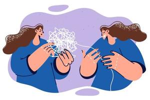 Laughing woman near psychotherapist holding bundle of tangled threads symbolizing unresolved psychological problems. Girl is confused and needs help of psychotherapist because of chaos in thoughts vector