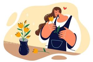 Woman in love smells flower given by guy on date and dreams of quick meeting or marriage. Girl inhales scent of tulips while standing near vase with bouquet of flowers presented for birthday vector