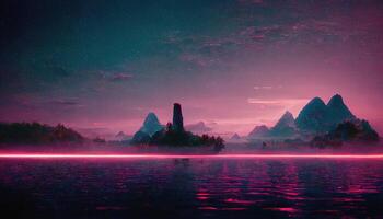 Abstract Retro futuristic synthwave landscape photo