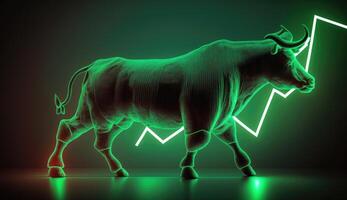 Bull run or bull market trend in cryptocurrency or stocks. Trading stock market green background, up arrow graph for increase in rates. photo