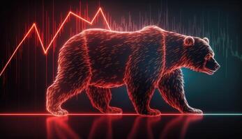 Bear market concept with stock chart digital numbers crisis red price drop arrow down chart. Cryptocurrency market bear finance risk trend investment business and money losing moving economic photo