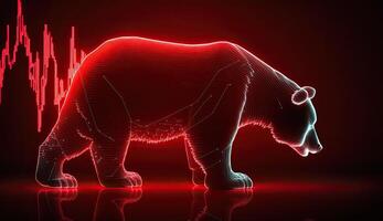 Bear market concept with stock chart digital numbers crisis red price drop arrow down chart. Cryptocurrency market bear finance risk trend investment business and money losing moving economic photo