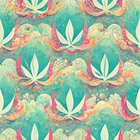 bright psychedelic seamless pattern in  green tones with cannabis leaf elements. 3D illustration. Ai render. photo