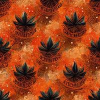 Bright psychedelic seamless pattern in orange tones with cannabis leaf elements. 3D render. Ai illustration. photo