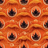 Bright psychedelic seamless pattern in orange tones with cannabis leaf elements. 3D render. Ai illustration. photo