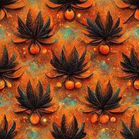 Bright psychedelic seamless pattern in orange tones with cannabis leaf elements. 3D render. Ai illustration. photo