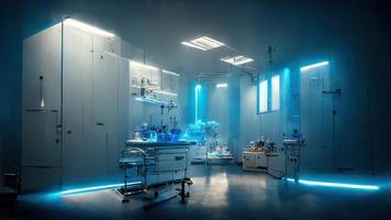 Abstract scientific medical interior blurred background. Blue light. Medical research concept. Ai render. photo