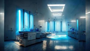 Abstract scientific medical interior blurred background. Blue light. Medical research concept. Ai render. photo