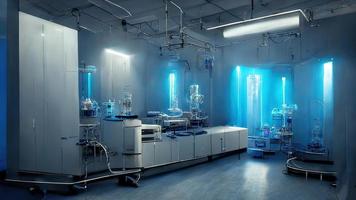 Abstract scientific medical interior blurred background. Blue light. Medical research concept. Ai render. photo