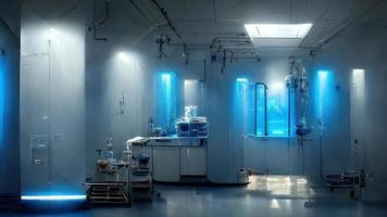 Abstract scientific medical interior blurred background. Blue light. Medical research concept. Ai render. photo