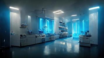 Abstract scientific medical interior blurred background. Blue light. Medical research concept. Ai render. photo