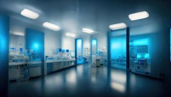 Abstract scientific medical interior blurred background. Blue light. Medical research concept. Ai render. photo