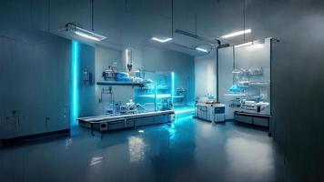 Abstract scientific medical interior blurred background. Blue light. Medical research concept. Ai render. photo