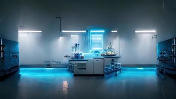 Abstract scientific medical interior blurred background. Blue light. Medical research concept. Ai render. photo