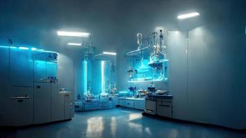 Abstract scientific medical interior blurred background. Blue light. Medical research concept. Ai render. photo