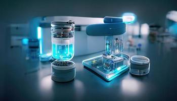 Abstract scientific medical interior blurred background. Blue light. Medical research concept. Ai render. photo