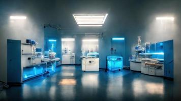 Abstract scientific medical interior blurred background. Blue light. Medical research concept. Ai render. photo